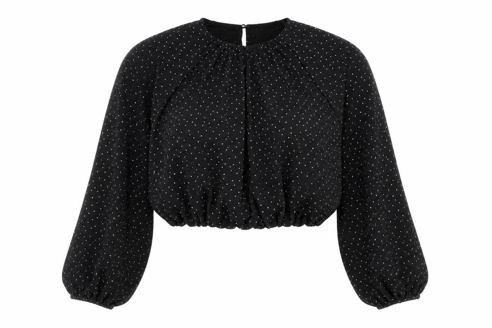 H&M Women's Black Polka Dot Cropped Blouse Size M Long Sleeve