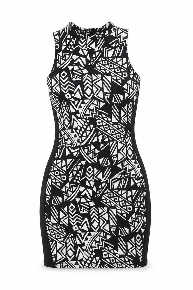 River Island Women’s Black Geometric Bodycon Dress Size 12 Sleeveless