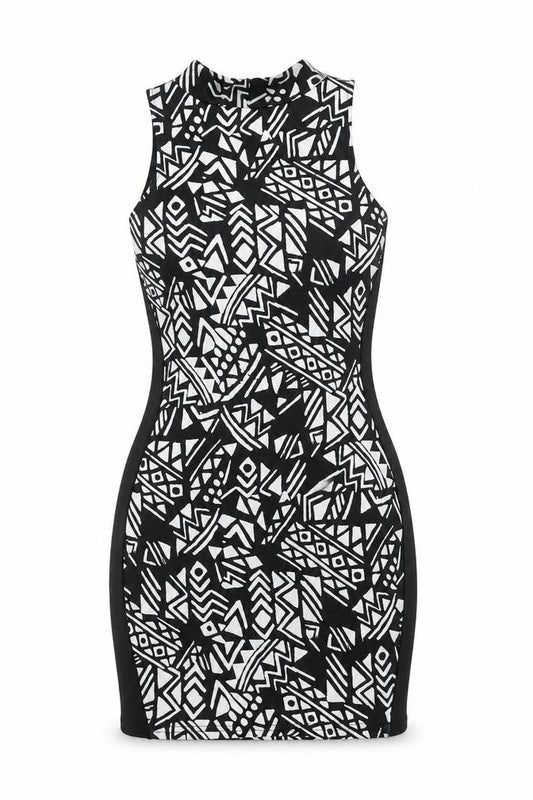 River Island Women’s Black Geometric Bodycon Dress Size 12 Sleeveless