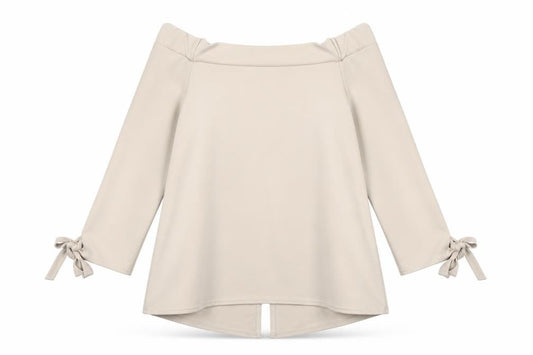 Boohoo Women’s Beige Bardot Tie Sleeve Blouse Top UK 12