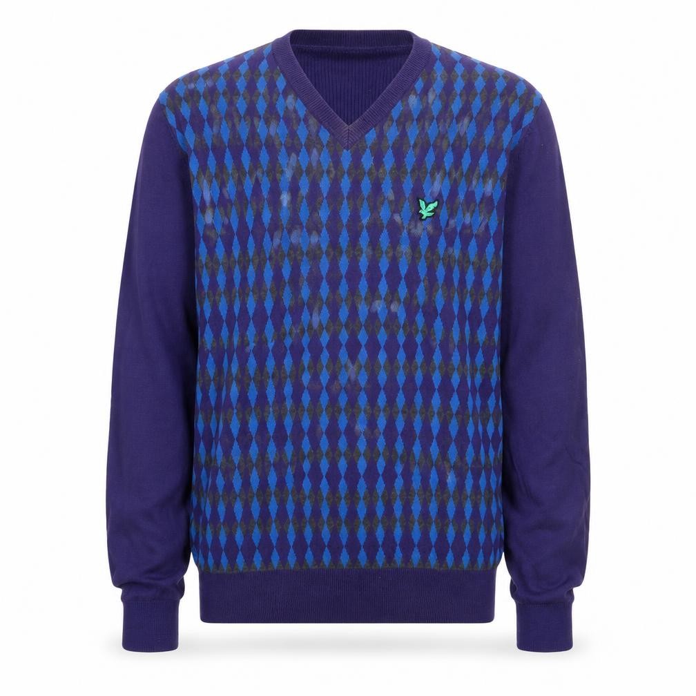Lyle & Scott Men's Blue Argyle V-Neck Cotton Jumper Size M