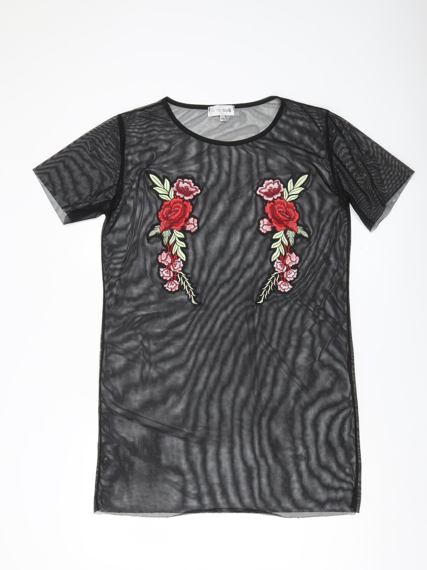 In The Style Women Black Floral Mesh Sheer Embroidered Tunic Top Size 10