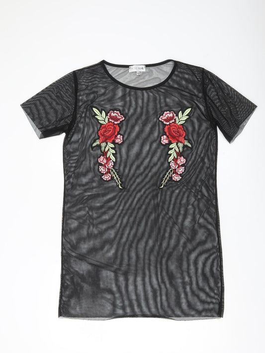 In The Style Women Black Floral Mesh Sheer Embroidered Tunic Top Size 10