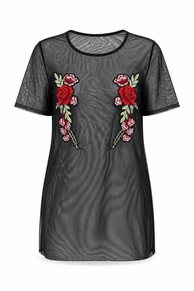 In The Style Women Black Floral Mesh Sheer Embroidered Tunic Top Size 10