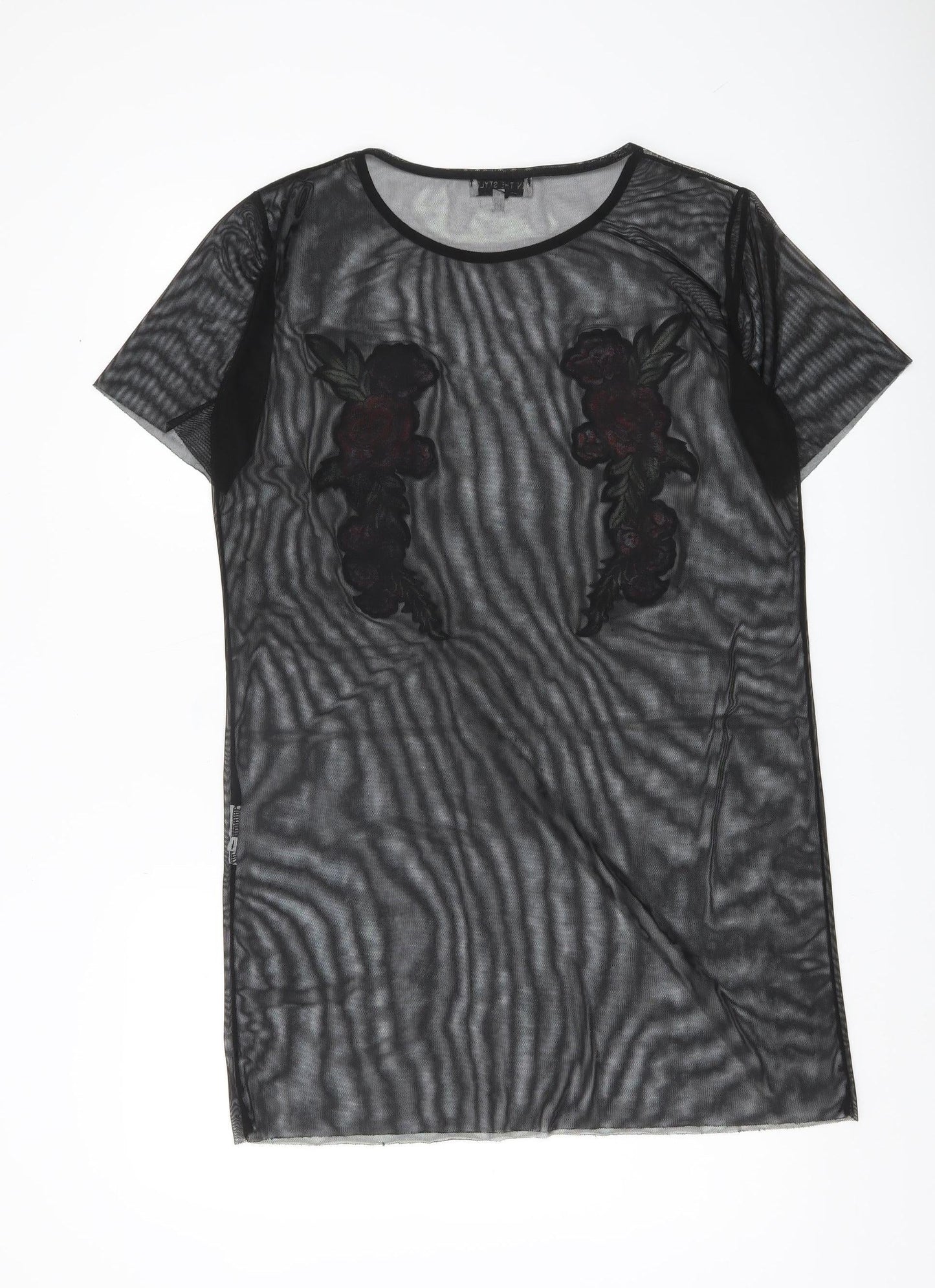 In The Style Women Black Floral Mesh Sheer Embroidered Tunic Top Size 10