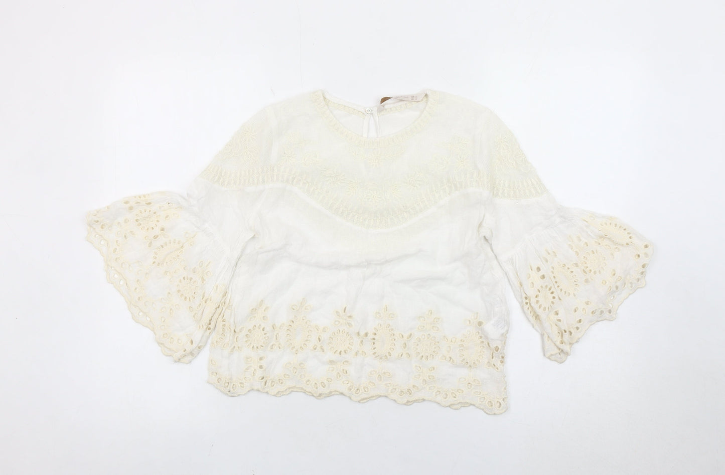 Zara Women Ivory Embroidered Bohemian Tunic Blouse Size 8