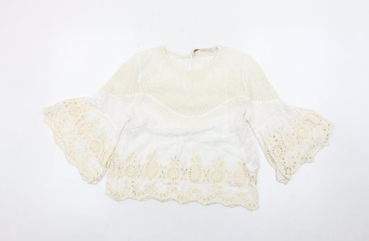 Zara Women Ivory Embroidered Bohemian Tunic Blouse Size 8