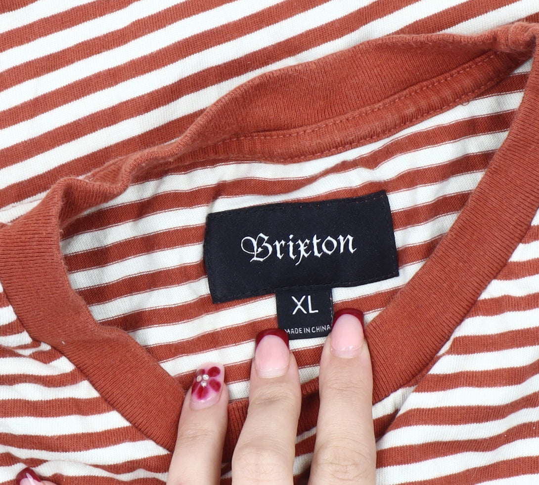 Brixton Men’s Brown Striped Cotton T-Shirt XL Crew Neck