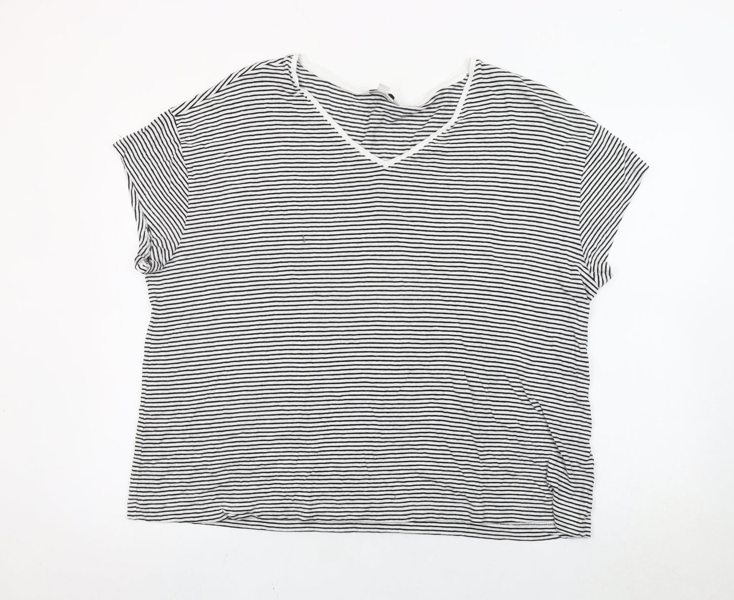 Marks and Spencer Women Black White Striped V-Neck T-Shirt Size 22