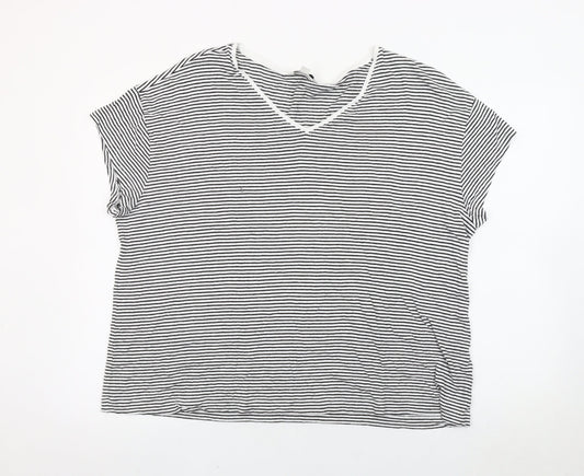 Marks and Spencer Women Black White Striped V-Neck T-Shirt Size 22
