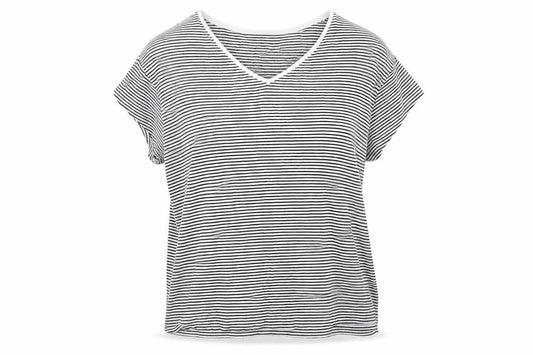Marks and Spencer Women Black White Striped V-Neck T-Shirt Size 22