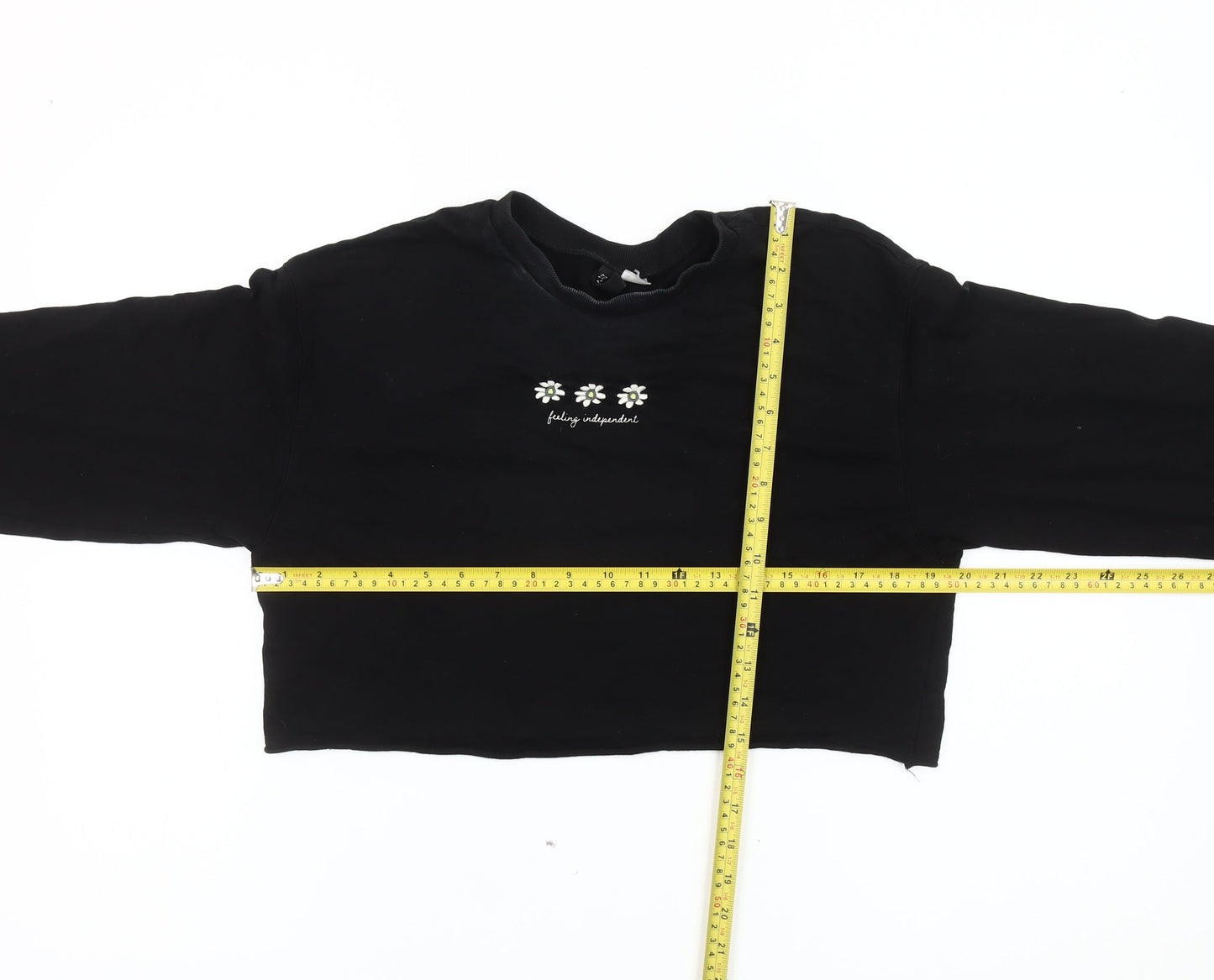 Divided Womens Black Crop Long Sleeve Embroidered Daisy T-Shirt Size S