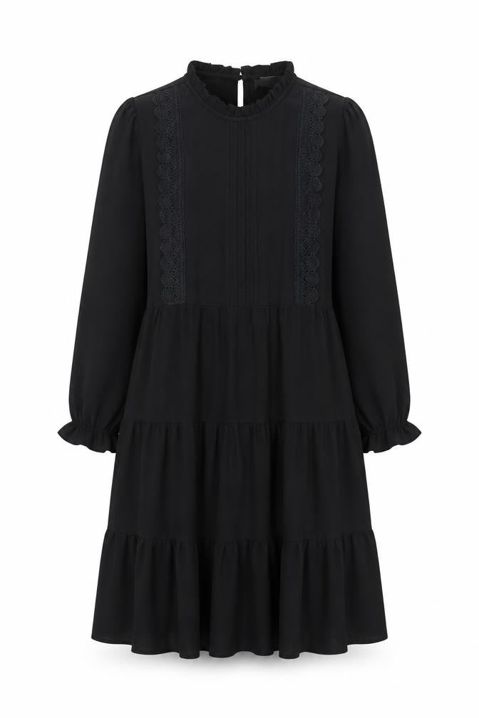 Monteau Women Black A-Line Knee Length Dress Size M High Neck Lace