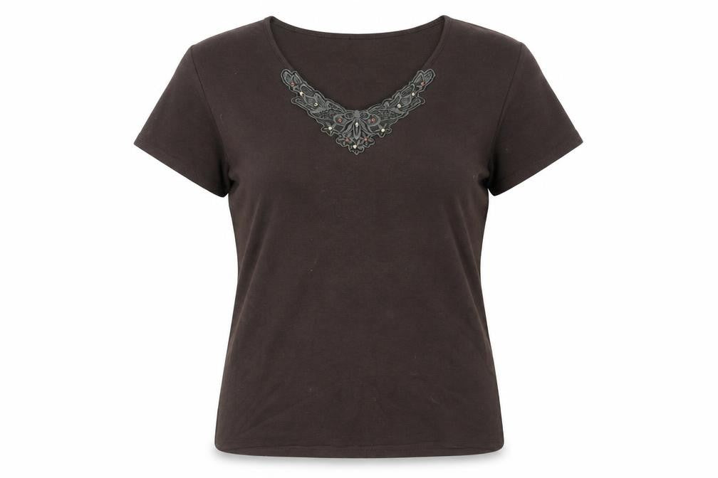 Bonmarché Women’s Brown Embroidered V-Neck Short Sleeve T-Shirt Size 12