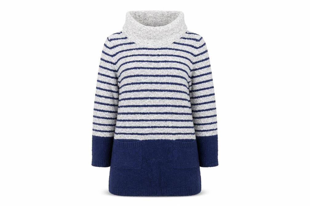 M&Co Womens Navy Grey Striped Jumper Dress Size 14 Roll Neck