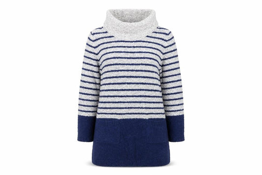 M&Co Womens Navy Grey Striped Jumper Dress Size 14 Roll Neck