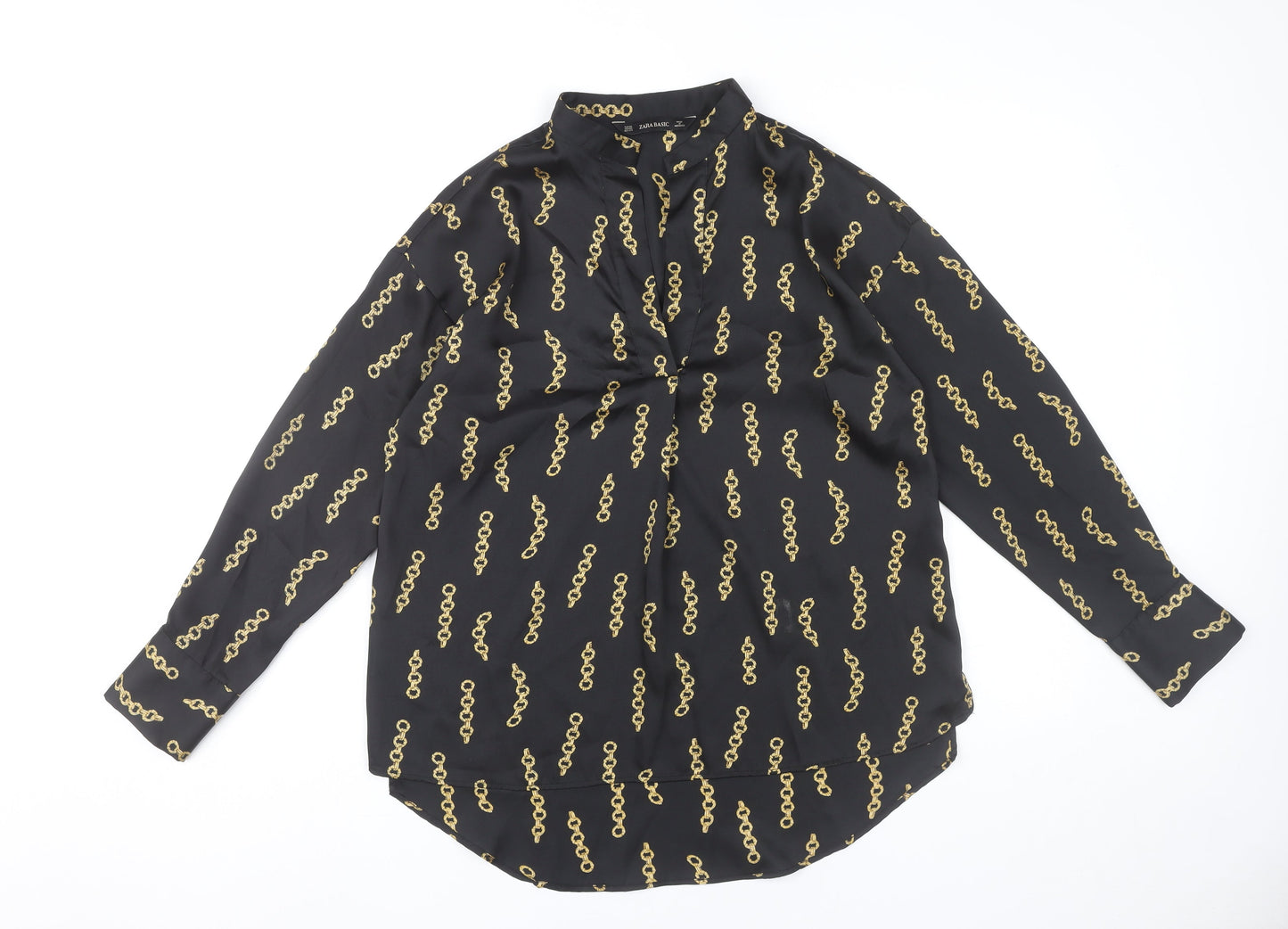 Zara Basic Women’s Black Gold Chain Print Blouse XS Long Sleeve