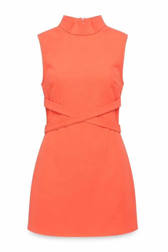 Front view of Missguided Women’s Orange Bodycon Short Dress, size UK 8, High Neck Cut Out