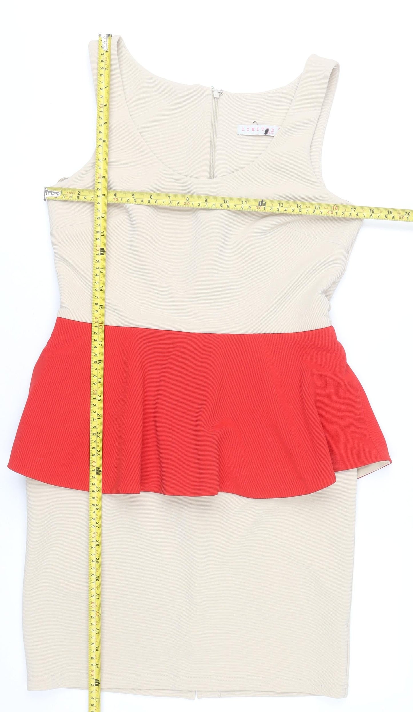 New Look Women’s Beige Red Peplum Bodycon Dress Size 14