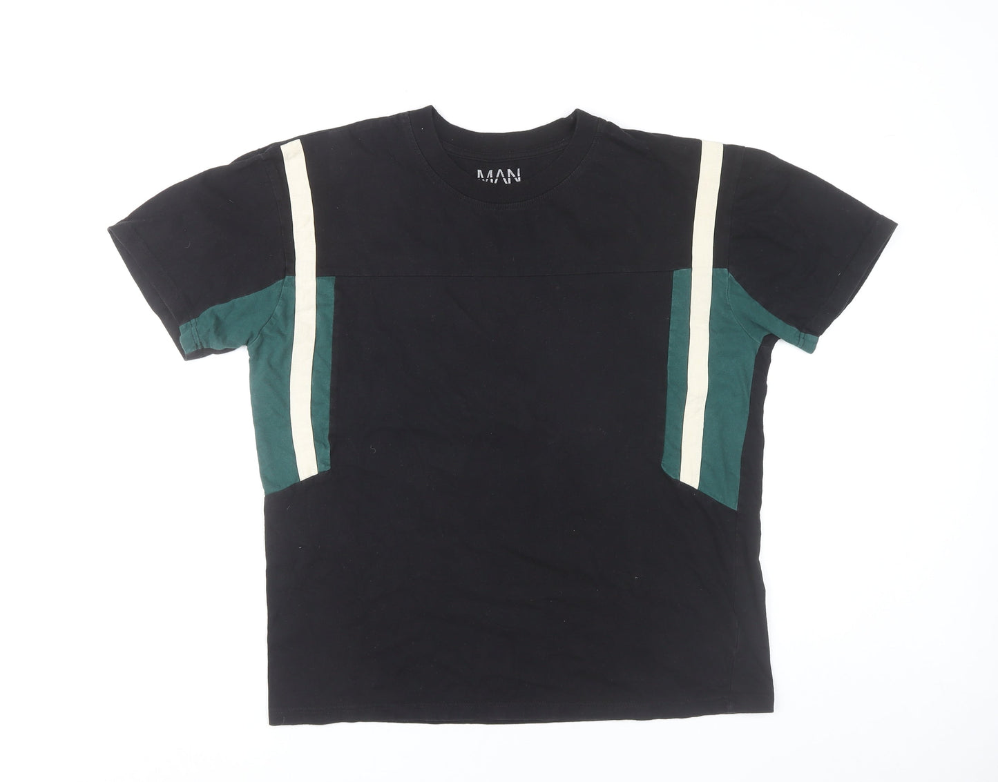 BoohooMAN Men’s Black Green White Colourblock Cotton T-Shirt Size S