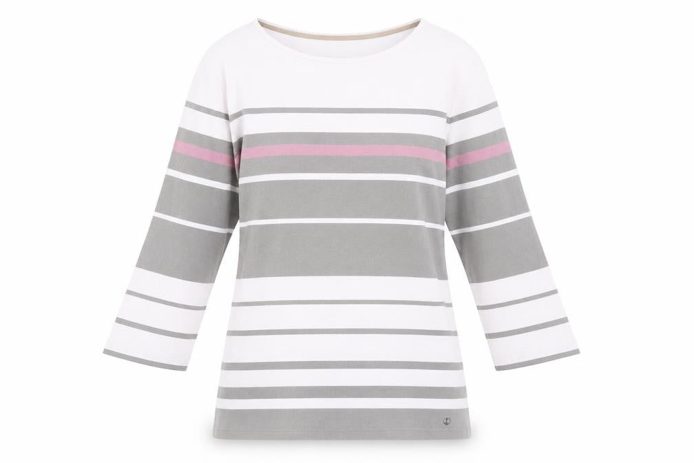 Olsen Women’s Pink Grey White Striped 3/4 Sleeve Cotton T-Shirt Size 12