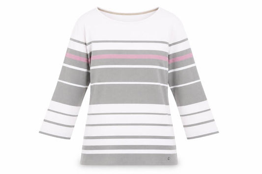 Olsen Women’s Pink Grey White Striped 3/4 Sleeve Cotton T-Shirt Size 12