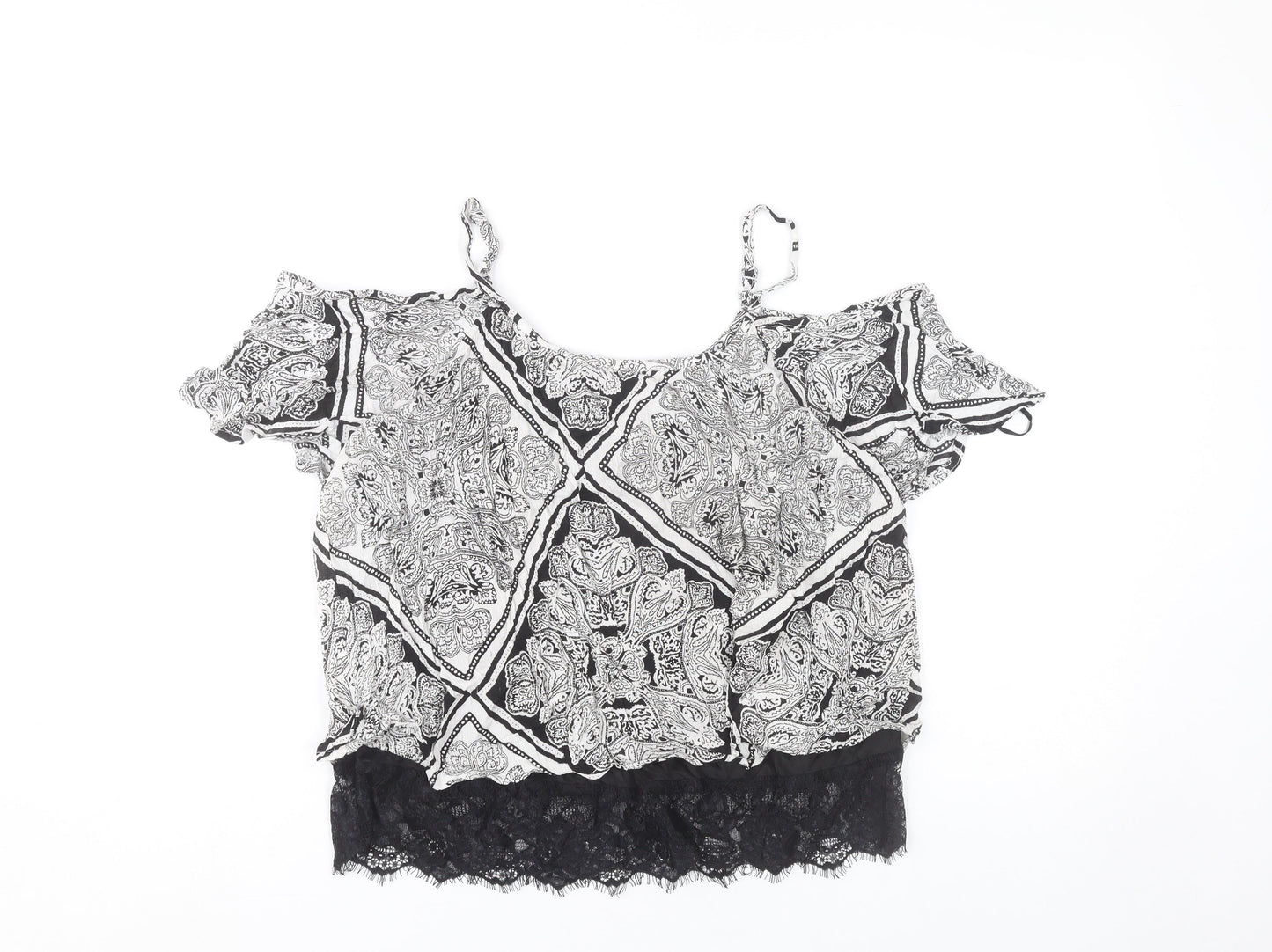 Select Women’s Black Paisley Cold Shoulder Lace Trim Cropped Blouse UK 10
