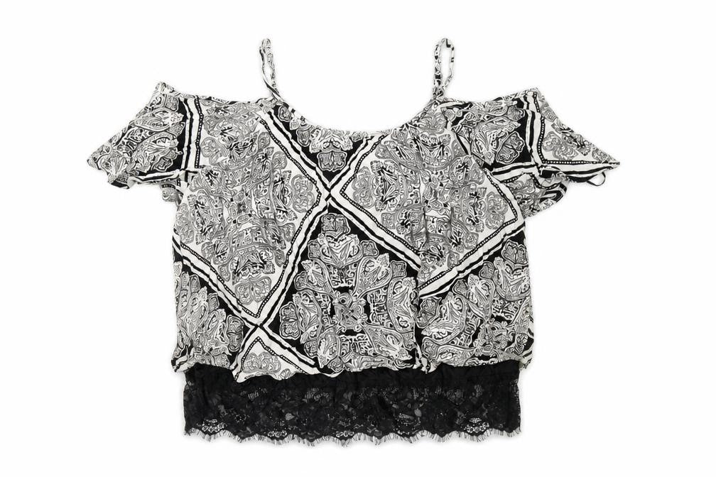 Select Women’s Black Paisley Cold Shoulder Lace Trim Cropped Blouse UK 10