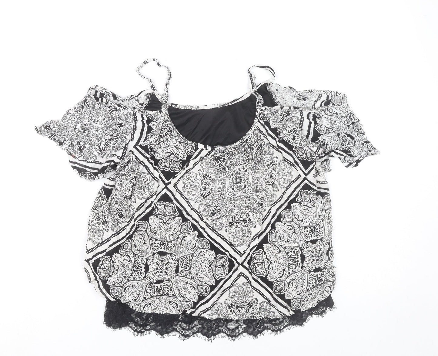 Select Women’s Black Paisley Cold Shoulder Lace Trim Cropped Blouse UK 10