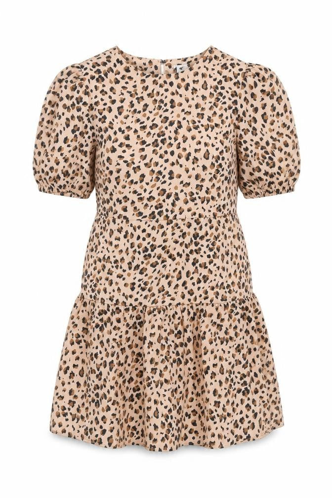 Lola May Women Beige Leopard Print Shift Dress Size 10 Short Puff Sleeve