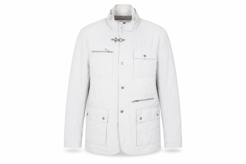 Front view of Ascot Sport Men Grey Mid-Length Military Jacket, size M, Outdoor Zip Pockets