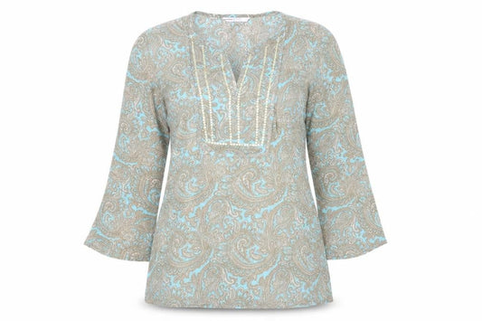 Front view of Papaya Women’s Multicoloured Paisley Beaded Tunic Blouse, size UK 12