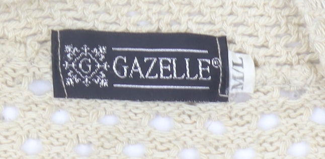 Gazelle Womens Beige Open Knit Cardigan M Short Sleeve V Neck