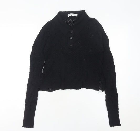 Zara Womens Black Collared Knit Button-Up Cropped Top Size 12