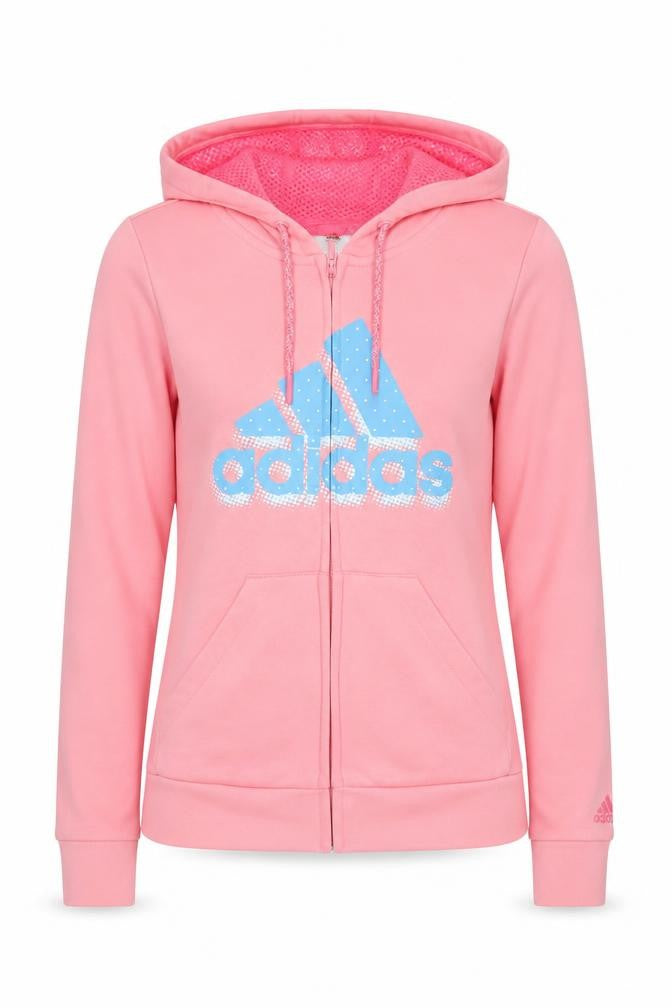 Adidas Womens Pink Full Zip Hoodie Size 8 UK Logo Print Sportswear