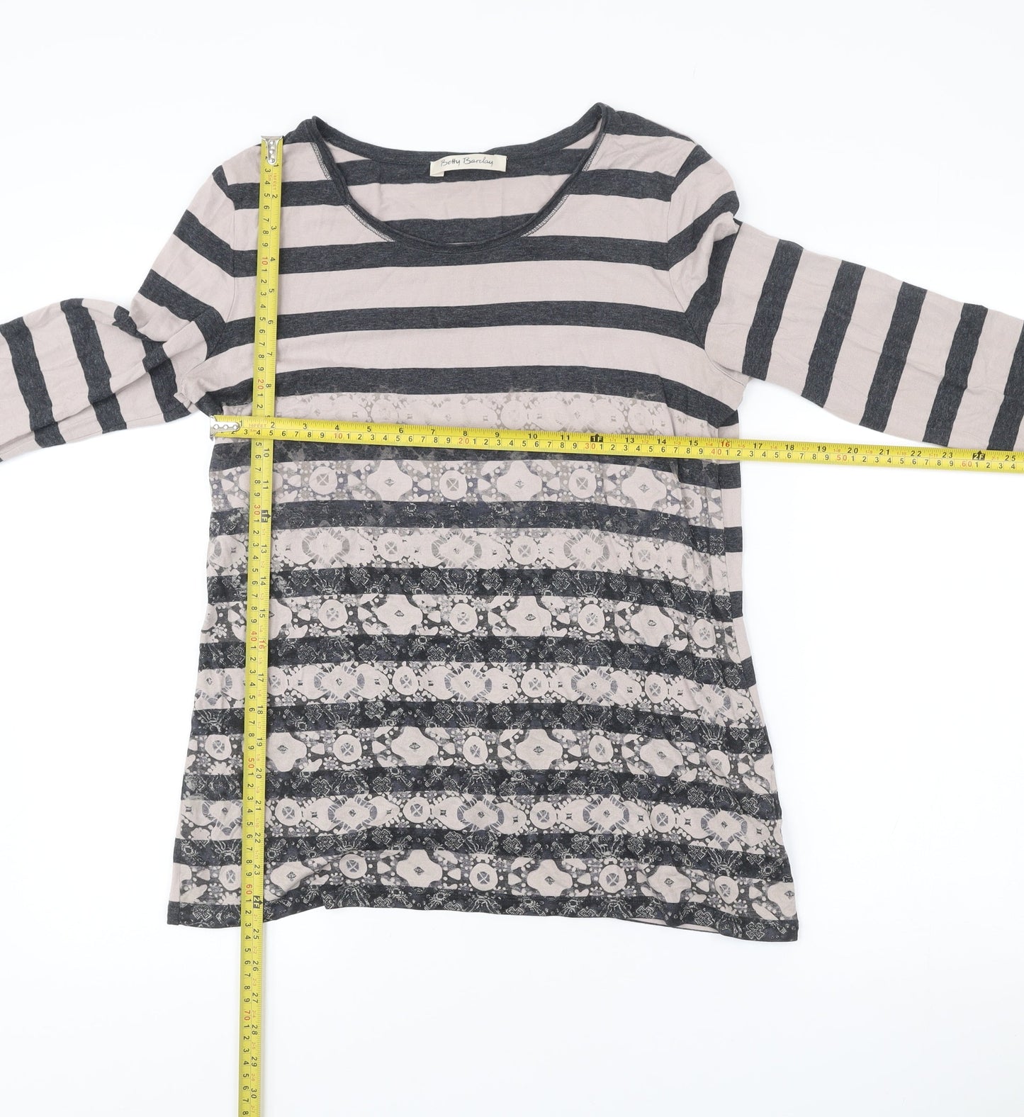 Betty Barclay Womens Grey Beige Stripe Lace Long Sleeve T-Shirt Size 12
