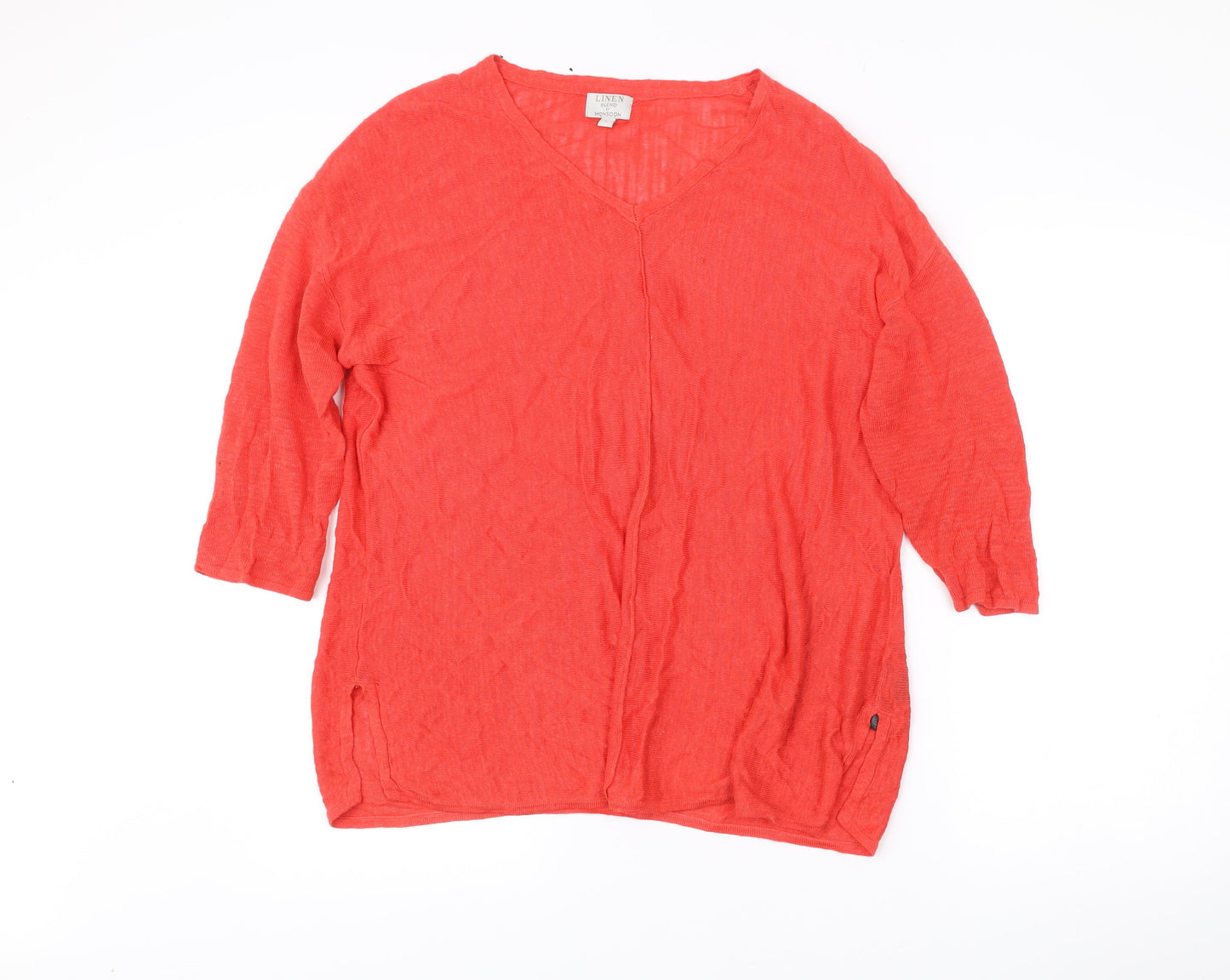 Monsoon Women’s Red Linen Blend Tunic Blouse L V-Neck 3/4 Sleeve
