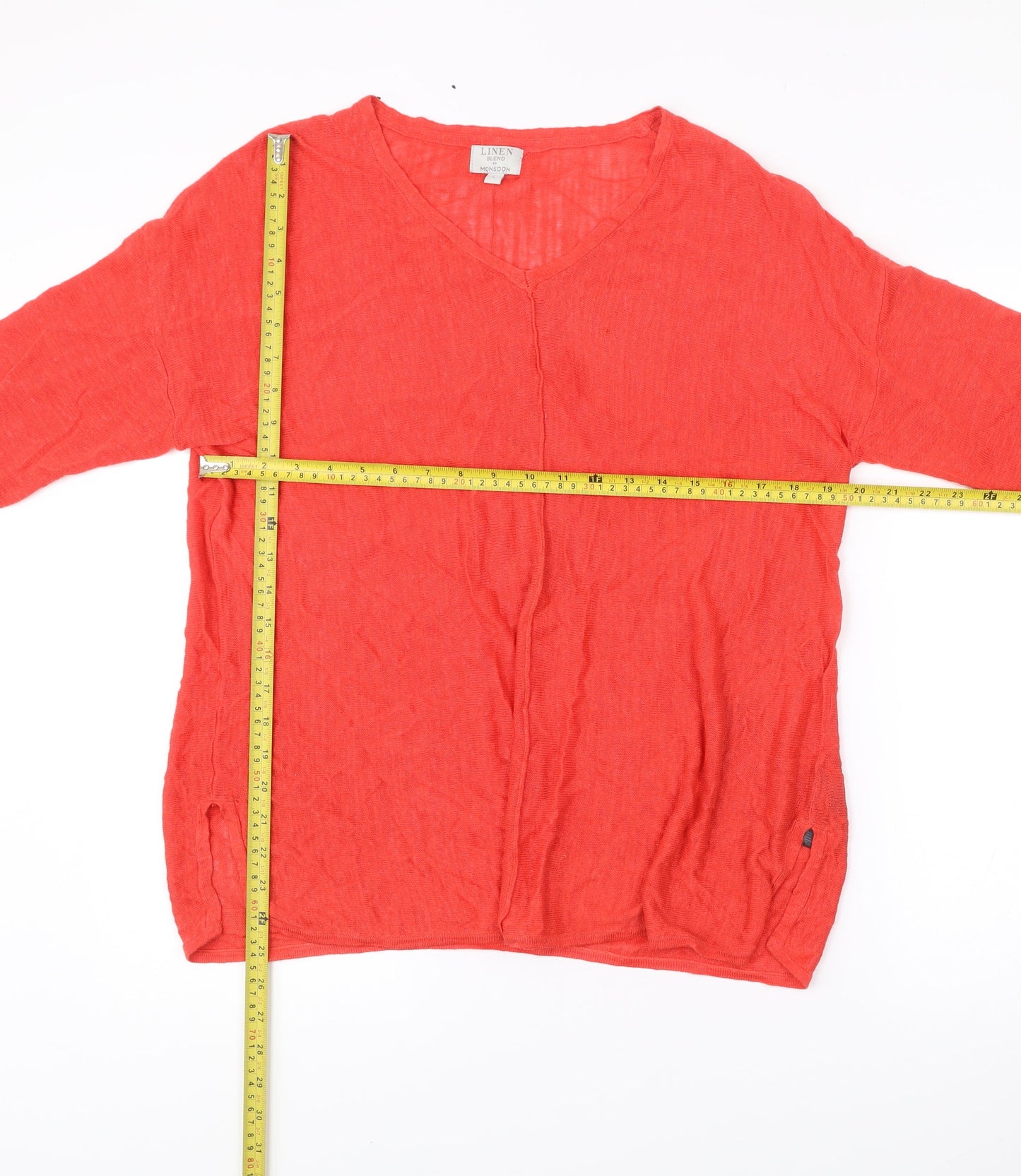 Monsoon Women’s Red Linen Blend Tunic Blouse L V-Neck 3/4 Sleeve