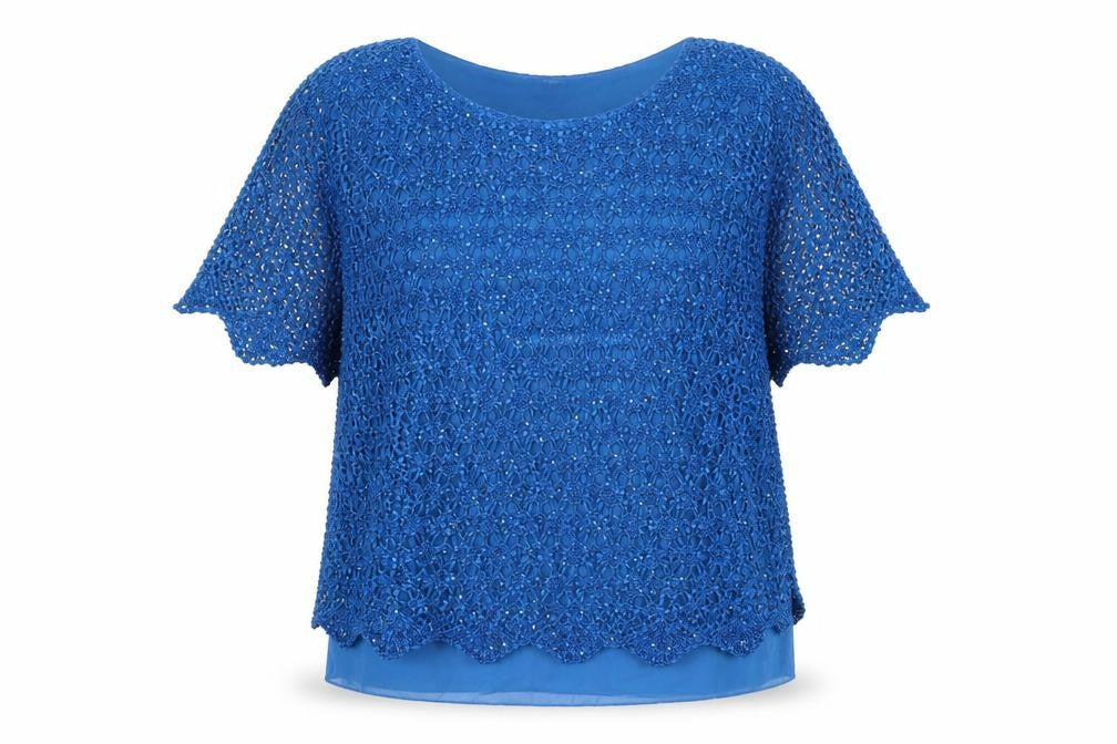 Casamia Women’s Blue Sequin Crochet Tunic Blouse Size L Party Top