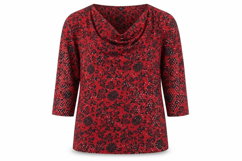 M&Co Women’s Red Floral Sequin Blouse Size 16 Cowl Neck Tunic