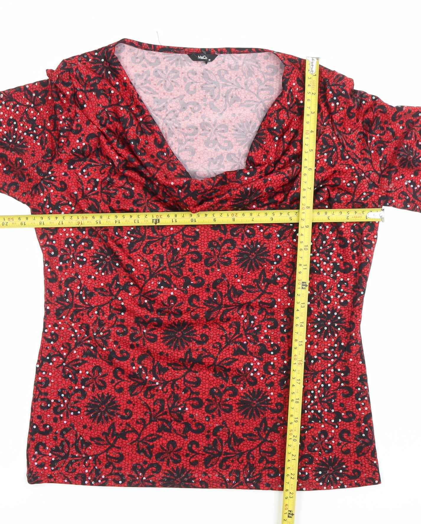 M&Co Women’s Red Floral Sequin Blouse Size 16 Cowl Neck Tunic