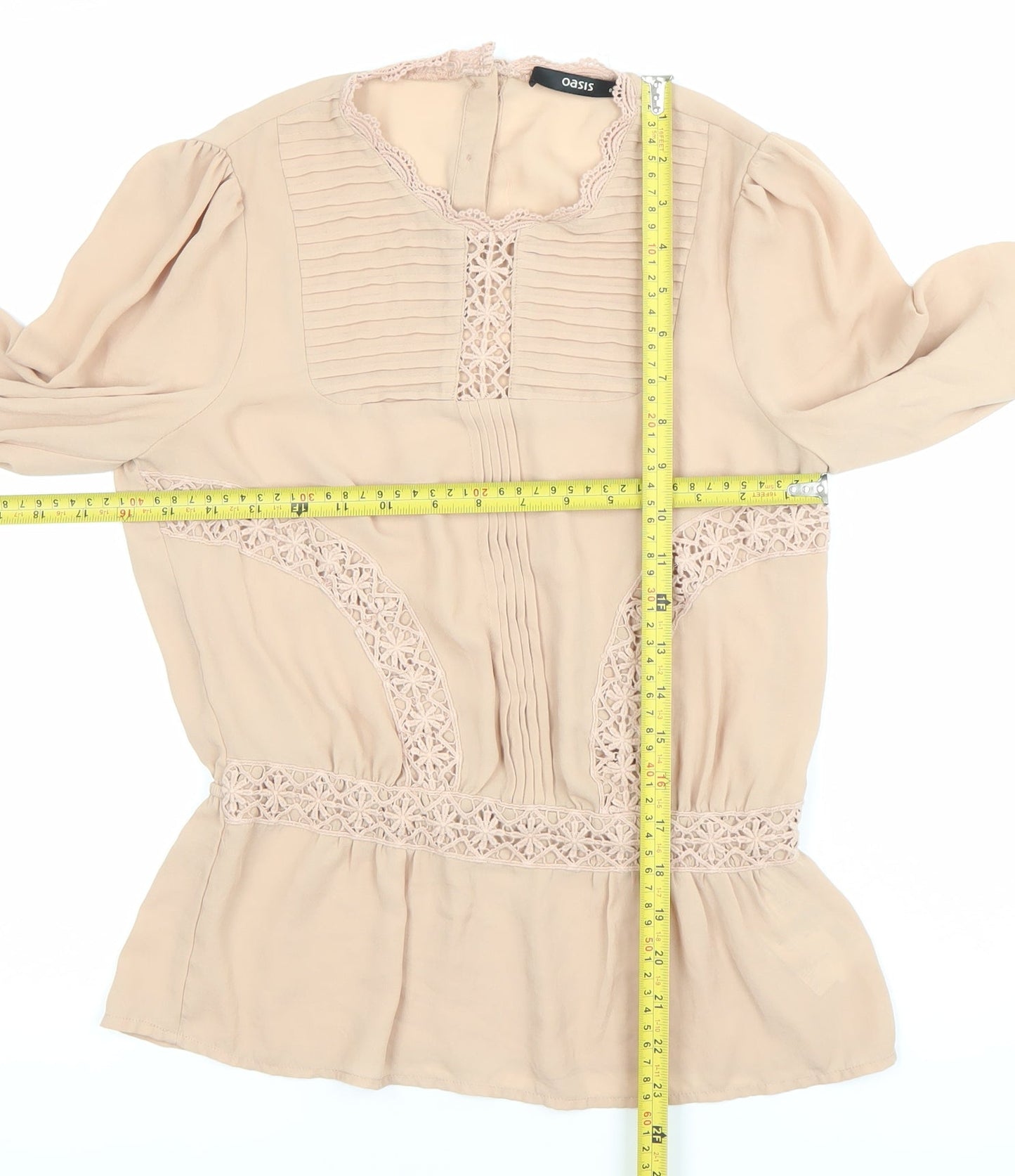 Oasis Women’s Beige Lace Trim Long Sleeve Tunic Blouse Size 8