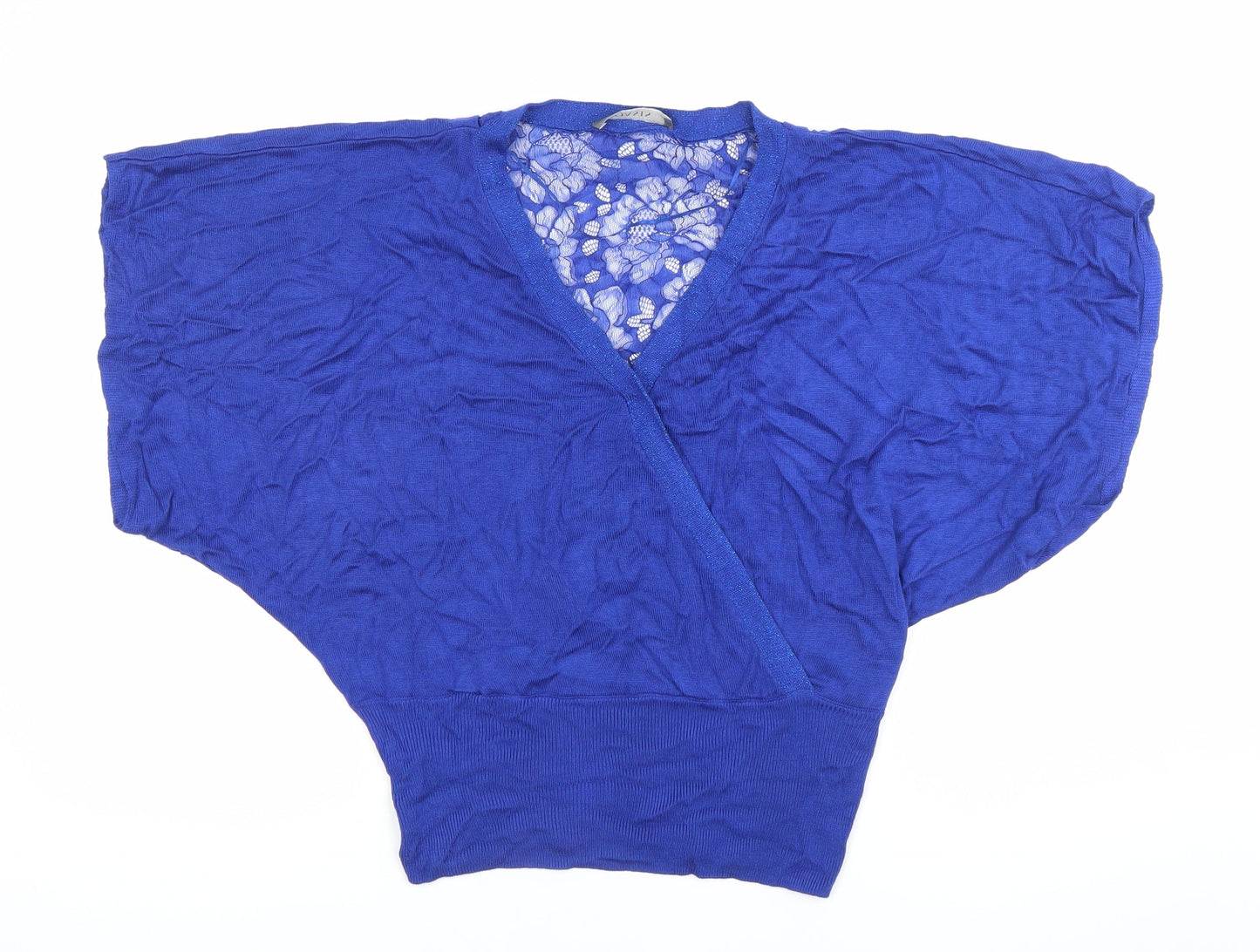 Oasis Women’s Blue Wrap Lace Accent Blouse Size S Viscose Knit