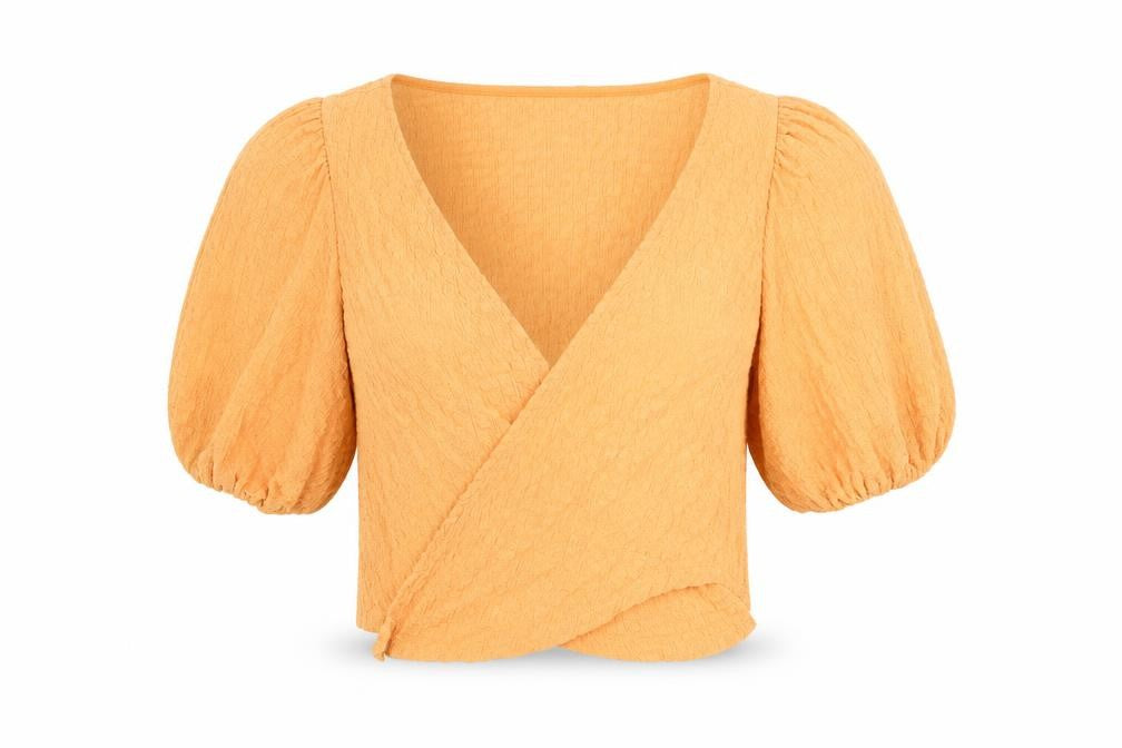 Monki Women’s Orange Wrap Puff Sleeve Blouse Top Size S