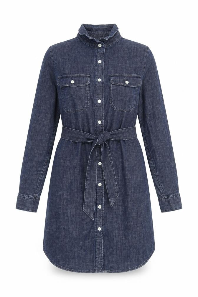Lands' End Women’s Blue Denim Shirt Dress XS Long Sleeve Belted