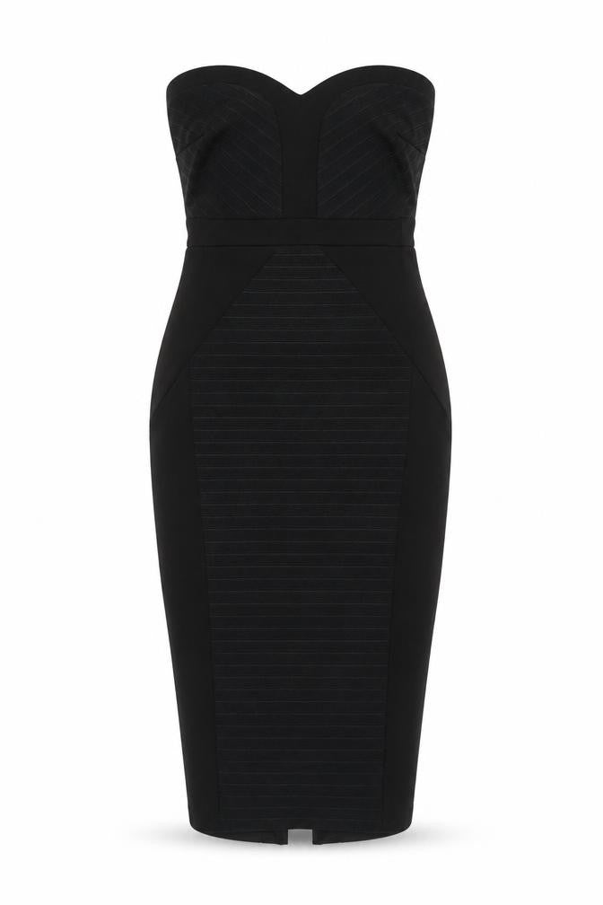 Front view of ASOS Petite Women’s Black Strapless Bodycon Midi Dress, size UK 2