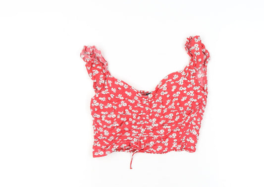 Zara Women Red Floral Cropped Blouse Top XL Summer Sleeveless