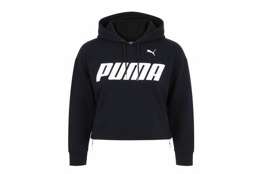 Front view of Puma women’s black pullover hoodie s logo print cotton blend