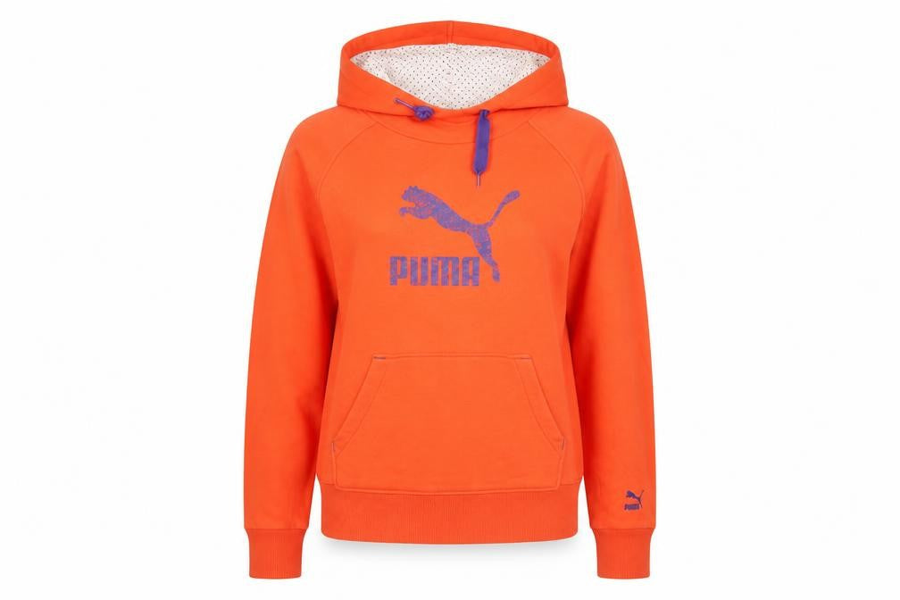 Puma Womens Orange Hoodie M Pullover Cotton Blend Logo Sportswear