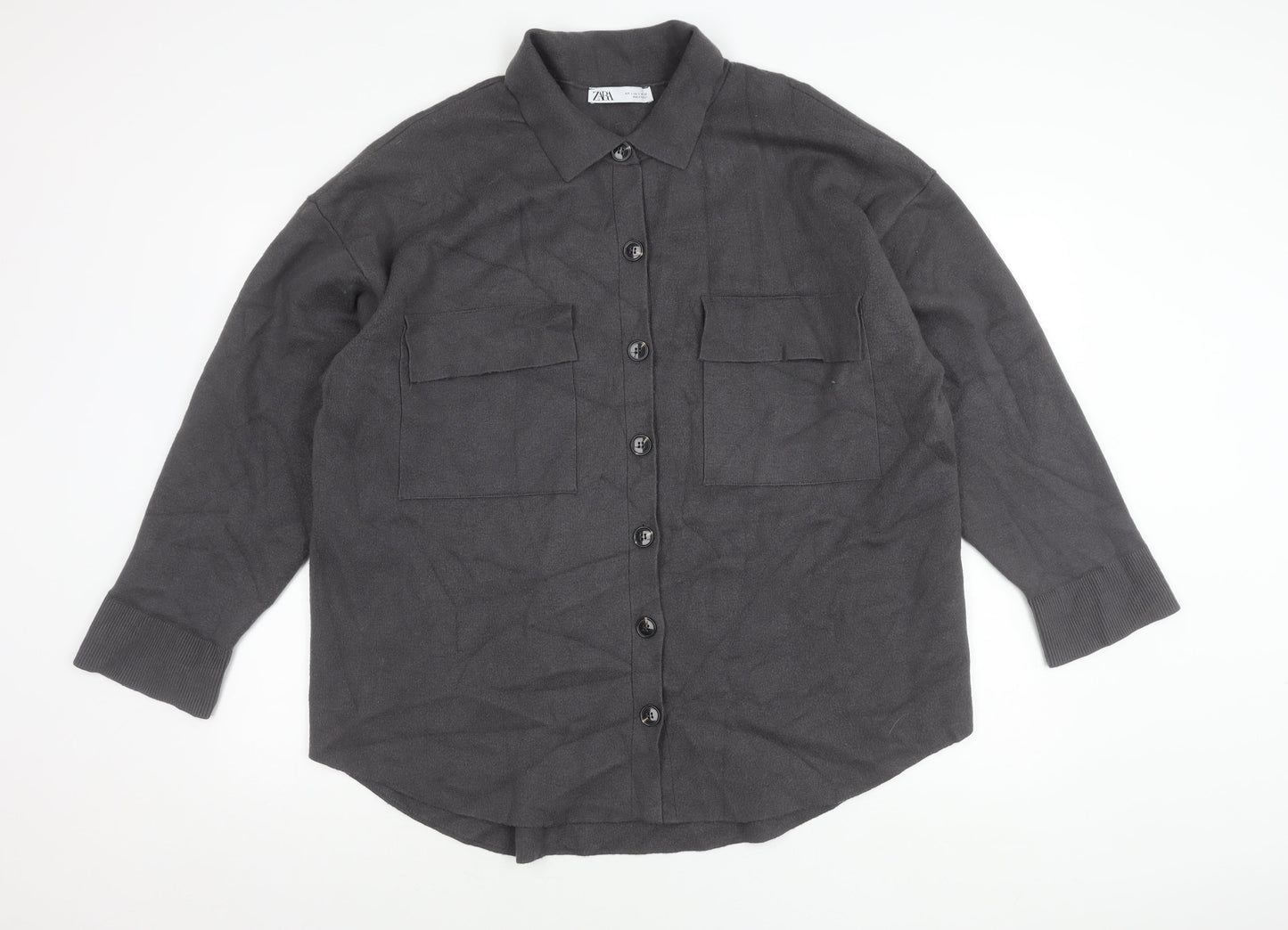 Zara Women Grey Collared Long Sleeve Button Jacket Size L